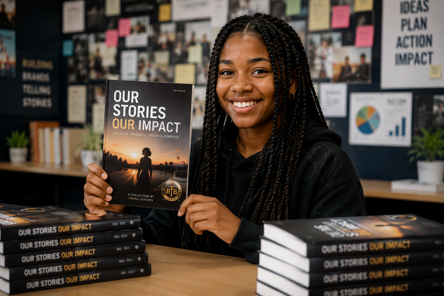 Student holding a professionally published book